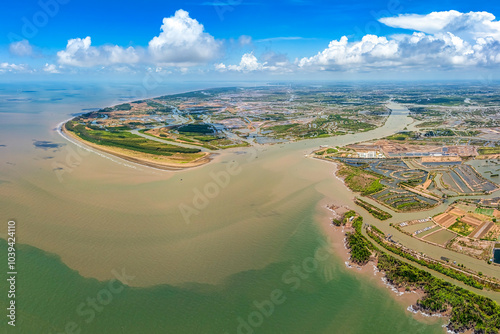 Aerial View of Mekong River estuary seen from Thua Duc, Ben Tre, Vietnam