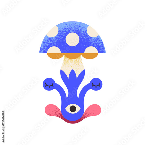 Abstract psychedelic mushroom with spotted cap and magic eye. Toxic boletus, fly agaric, trippy amanita. Icon of forest hallucinogenic plant. Flat isolated vector illustration on white background