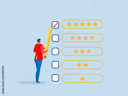 Satisfied and good customer choices,Evaluation or satisfaction feedback, performance rating or customer review, giving stars quality result, rate the service concept