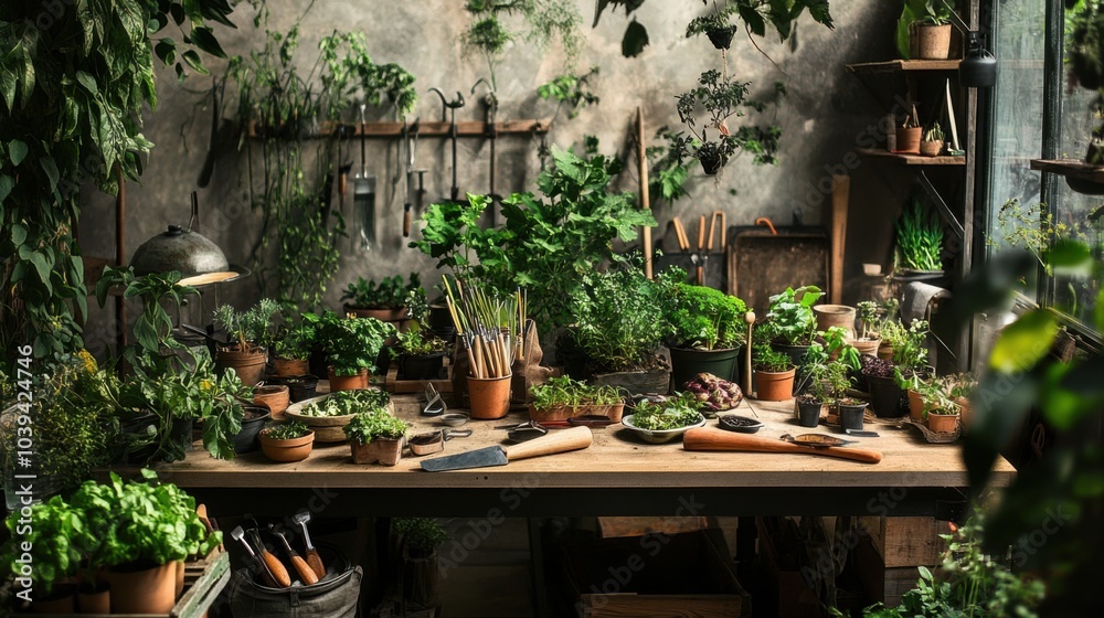 A peaceful gardening workshop with gardening tools and plants, Gardening tools arranged in a botanical workshop, Botanical workshop style A peaceful gardening workshop with gardening tools and plants, Gardening tools arranged in a botanical workshop, Botanical workshop style