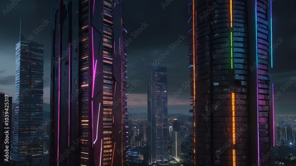 Obraz premium Cyberpunk-Inspired Urban Street with Glistening Reflections of Neon Signs