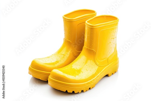 A Pair of Yellow Rubber Boots with Water Droplets