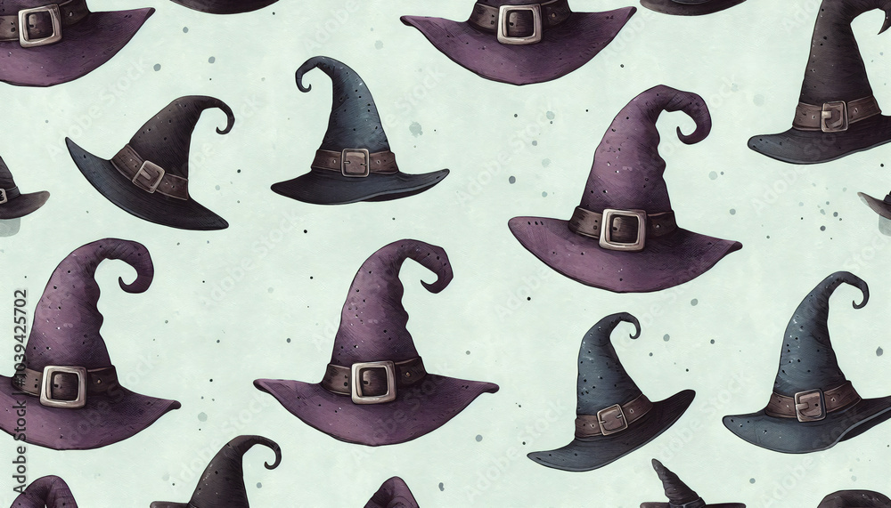 A charming wallpaper design featuring witch's hats with buckles in shades of deep purple and midnight black, illustrated in a delicate watercolor style on a lightly textured pale jade background A charming wallpaper design featuring witch's hats with buckles in shades of deep purple and midnight black, illustrated in a delicate watercolor style on a lightly textured pale jade background