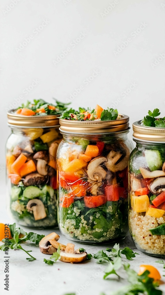 Healthy Mason Jar Salads with Quinoa, Vegetables and Mushrooms Healthy Mason Jar Salads with Quinoa, Vegetables and Mushrooms