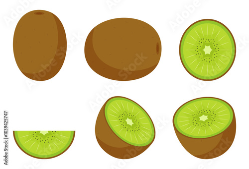 Set of cut slice and whole kiwi fresh fruit clipart flat illustration