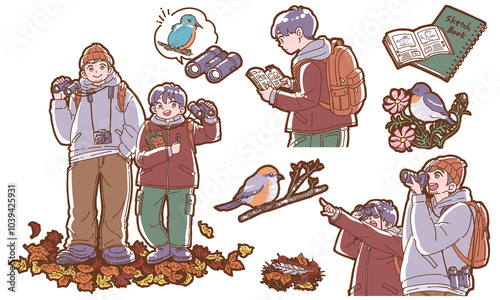 秋のバードウォッチングのイラストセット