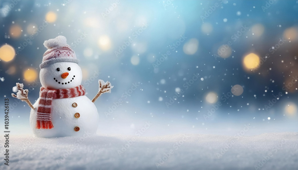 Panoramic view of happy snowman in winter landscape with copy space. Panoramic view of happy snowman in winter landscape with copy space.