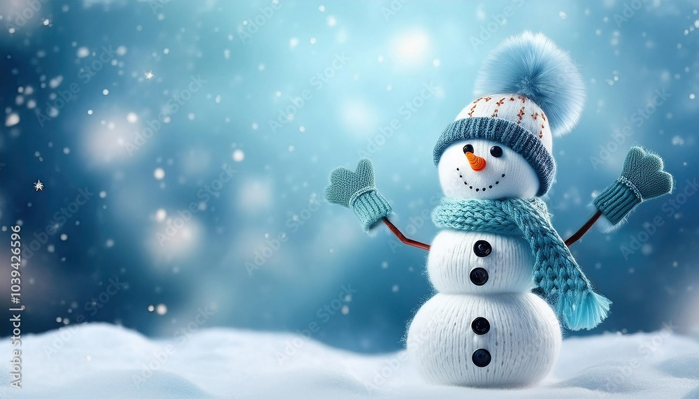 Fototapeta premium Small, knitted, snowmen on snow, on a blue background.