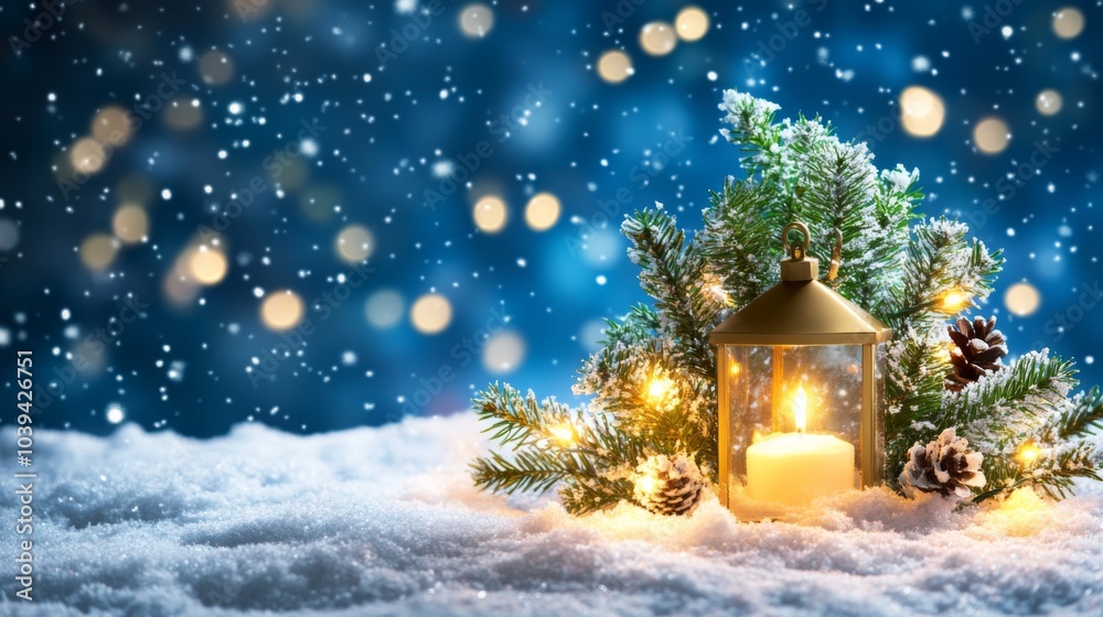 Modern Winter Scene with Lantern in Snowy Setting Modern Winter Scene with Lantern in Snowy Setting