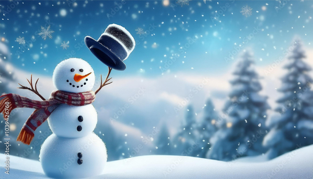 Panoramic view of happy snowman in winter landscape with copy space. Panoramic view of happy snowman in winter landscape with copy space.