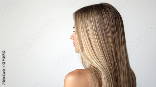 Beautiful woman in profile with long and shiny blond hair on a light background.	