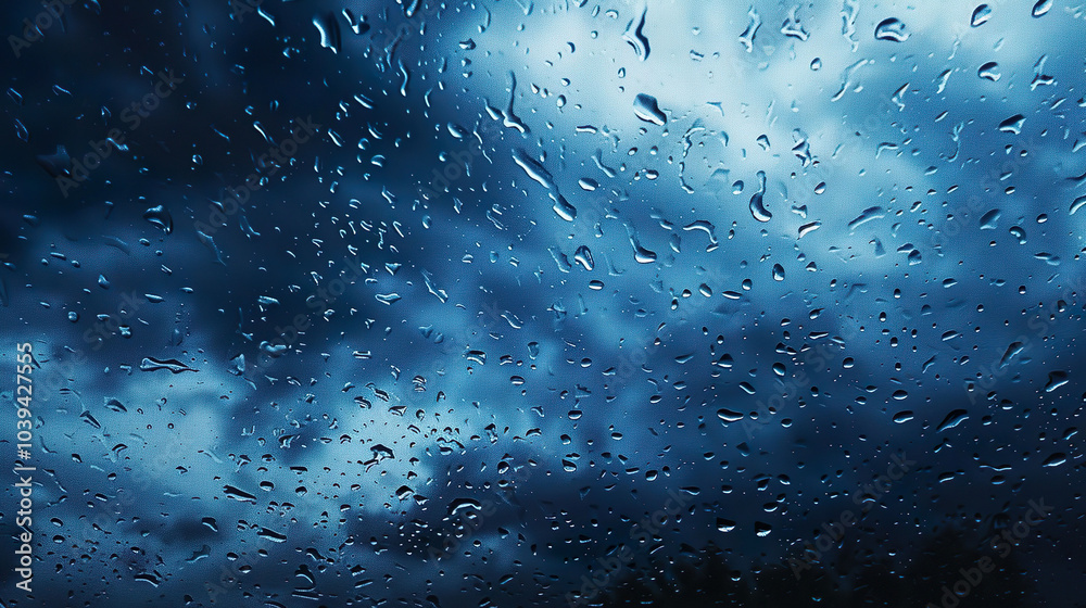 A window surface with raindrops, dark blue and cloudy sky. Blurred bokeh rain background. A window surface with raindrops, dark blue and cloudy sky. Blurred bokeh rain background.