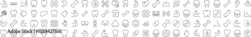 Internal Organs, Teeth and Bones Pack of Thin Icons. Editable Stroke. Suitable for Web Sites, Books, Cards, Apps