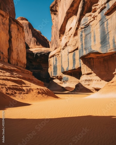 Dry canyon landscape with rugged cliffs and sandy floor under bright sunlight.