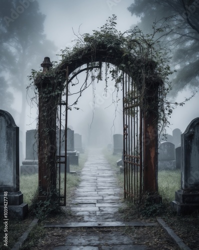 Creepy Abandoned Gate in Foggy Graveyard. photo