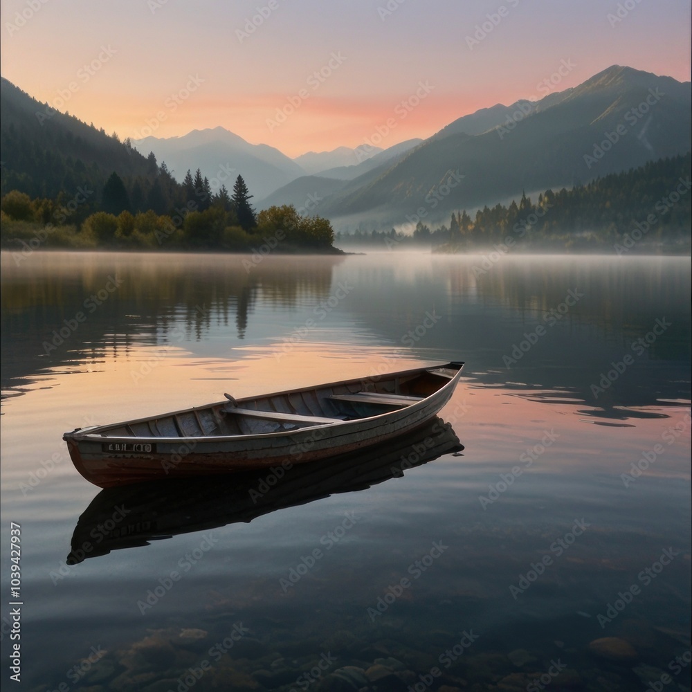 A serene landscape at dawn featuring with wooden boat A serene landscape at dawn featuring with wooden boat