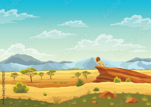 African savannah landscape. Beautiful nature landscape with cartoon animal character. African safari banner concept. Tropical tourism, exotic recreation poster. Wilderness savannah flat vector