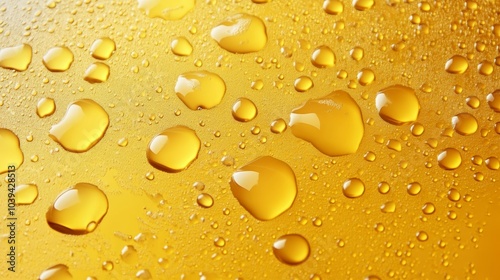 Vibrant yellow surface adorned with water droplets, a macro photography masterpiece