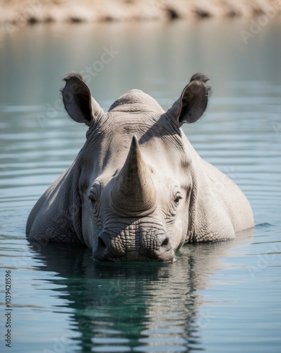 A rhino submerges its head and nostrils in a body of water. photo