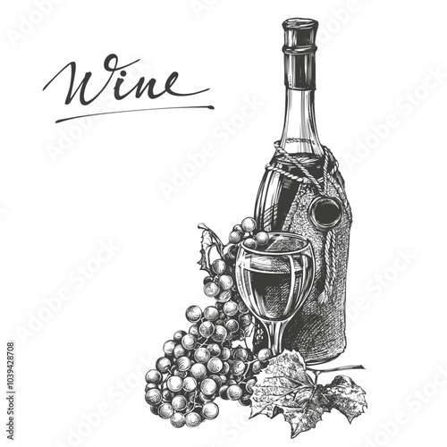 A bottle of wine with a glass and grapes hand drawn vector illustration realistic sketch