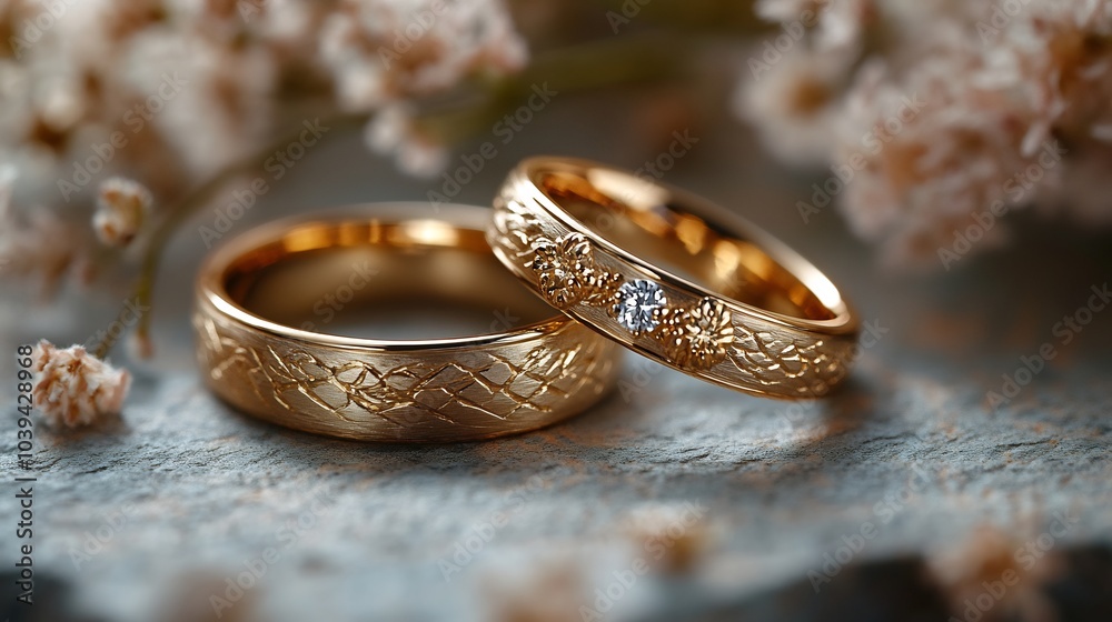 Matching pair of gold wedding rings with a subtle engraved design placed on a soft minimalistic background symbolizing unity and timeless love Matching pair of gold wedding rings with a subtle engraved design placed on a soft minimalistic background symbolizing unity and timeless love