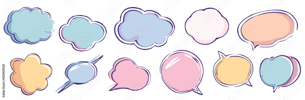Colorful speech and thought bubbles in various shapes on a white background. Colorful speech and thought bubbles in various shapes on a white background.