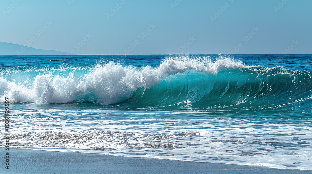 Fototapeta premium Powerful colossal ocean wave rising dramatically against clear blue sky