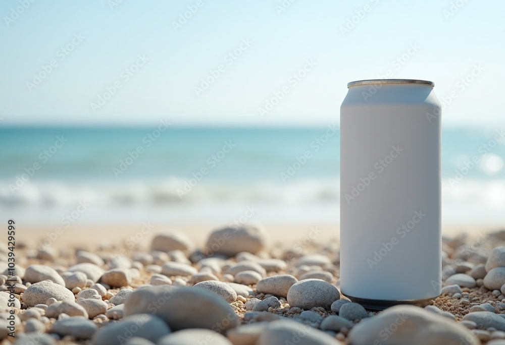 A white blank mockup Soda Can Mockup on Rocky Surface on a beach A white blank mockup Soda Can Mockup on Rocky Surface on a beach