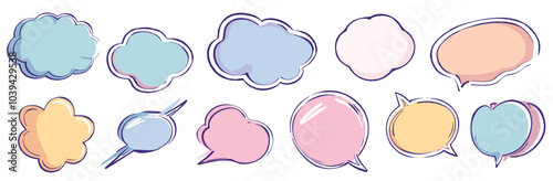 Colorful speech and thought bubbles in various shapes on a white background.