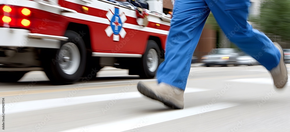 Naklejka premium A person in blue scrubs runs across a street near a red emergency vehicle, highlighting urgency and the medical response.