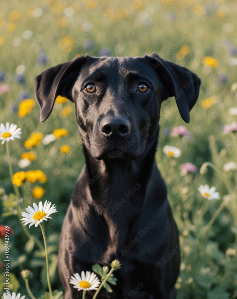 A tight shot of a black dog gazing at the camera in a lush field of grass and flowers. A tight shot of a black dog gazing at the camera in a lush field of grass and flowers.