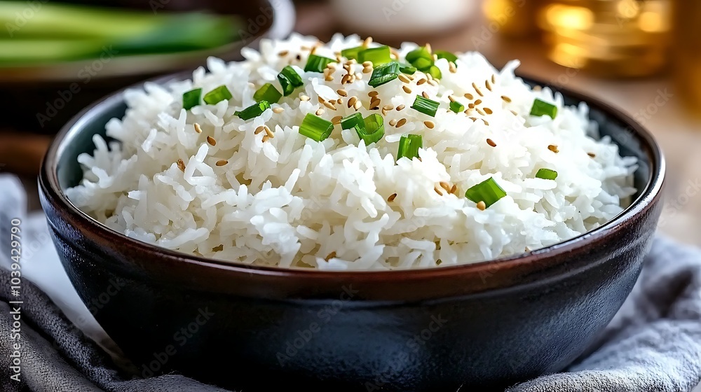 White bowl filled with fluffy cooked rice, perfect for a healthy meal White bowl filled with fluffy cooked rice, perfect for a healthy meal
