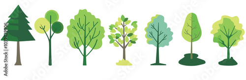 Illustration of various tree types with assorted green shades on a white background.