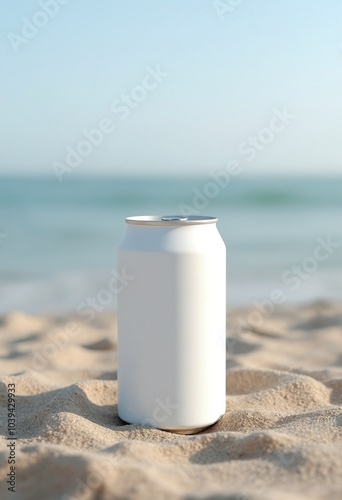 A white blank mockup Soda Can Mockup on Rocky Surface on a beach