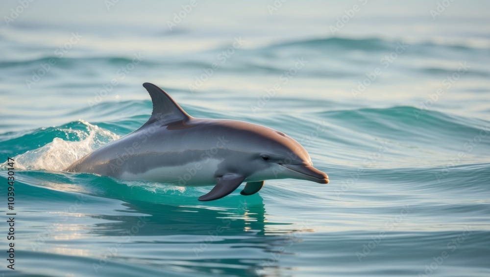 Fototapeta premium Dolphin swimming in the ocean under bright sunlight.