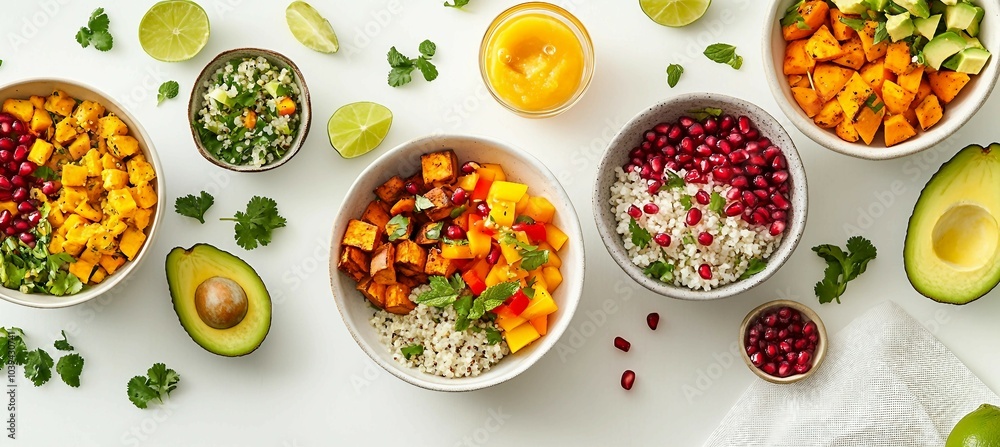 Colorful and Healthy Buddha Bowls with Quinoa, Sweet Potato, Mango, Avocado and Pomegranate