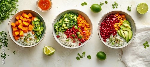 Three Healthy Bowls of Rice with Avocado, Sweet Potato, Pomegranate, and Herbs