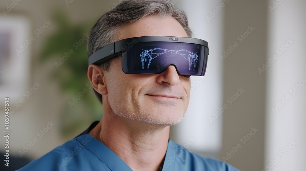 A man wearing high-tech smart glasses in a medical setting, showcasing futuristic technology in healthcare. A man wearing high-tech smart glasses in a medical setting, showcasing futuristic technology in healthcare.