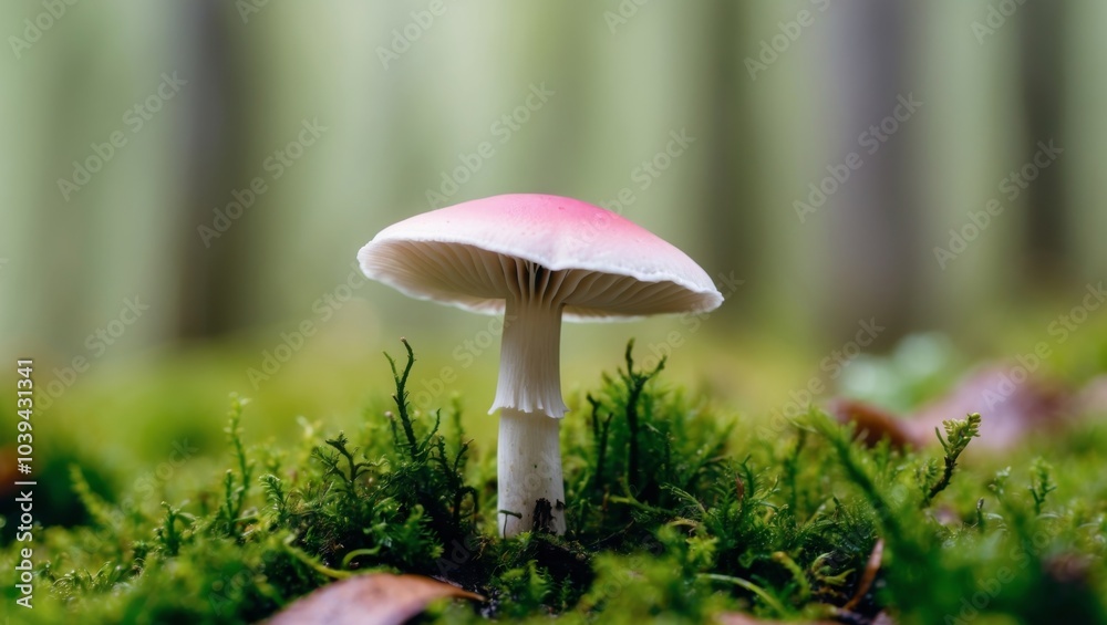 A Pink and White Mushroom Emerging from Moss in a Forest. A Pink and White Mushroom Emerging from Moss in a Forest.