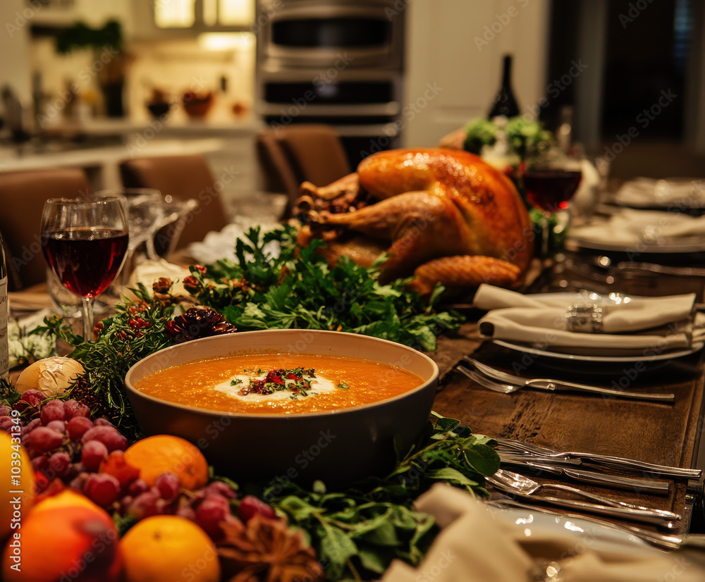 festive dinner with roasted chicken and various garnishing. Christmas family dinner table concept. festive dinner with roasted chicken and various garnishing. Christmas family dinner table concept.