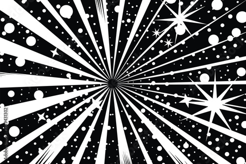 Energetic black and white starburst with dynamic lines and cosmic dots.
