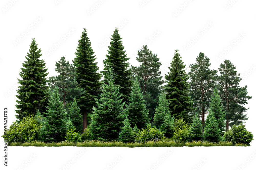 Fototapeta premium A group of lush evergreen pine trees with dense green foliage, standing tall and isolated against a white background.