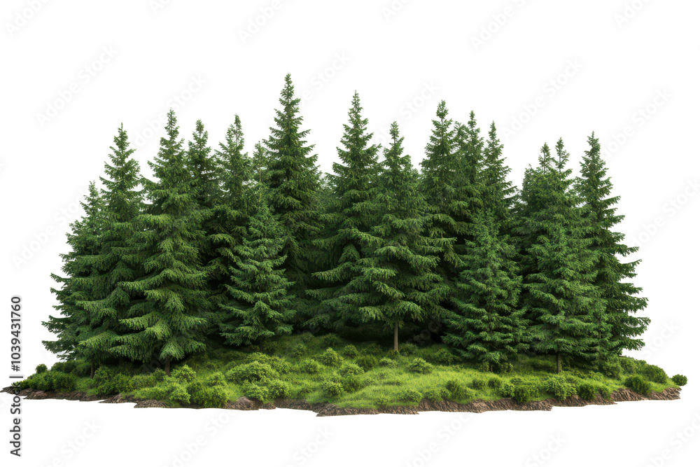Fototapeta premium A group of lush evergreen pine trees with dense green foliage, standing tall and isolated against a white background.