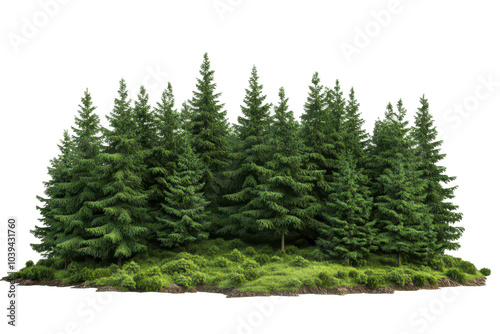 A group of lush evergreen pine trees with dense green foliage, standing tall and isolated against a white background.