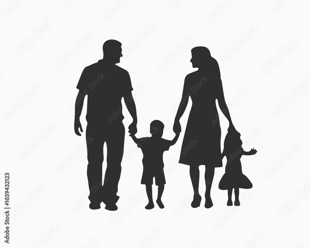Silhouette of a family with two children holding hands, symbolizing unity and togetherness. Silhouette of a family with two children holding hands, symbolizing unity and togetherness.