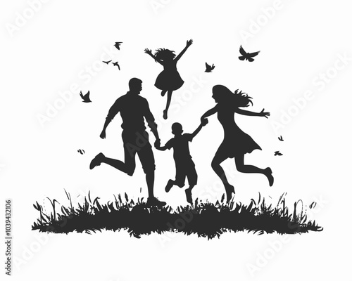 Silhouette of a joyful family jumping in a grassy field with birds flying around.
