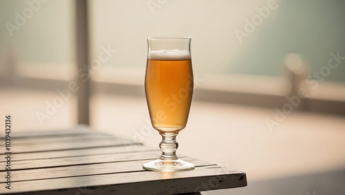 Beer Glass Filled with Golden Liquid on an Outdoor Table on a Bright Day. photo