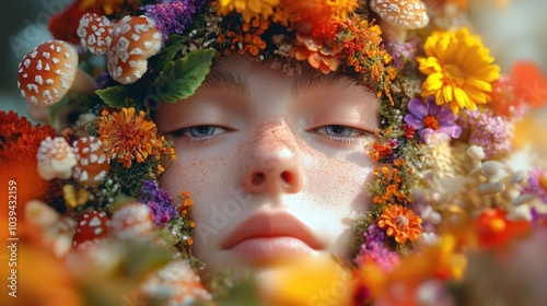 Closeup of a person's face surrounded by colorful flowers