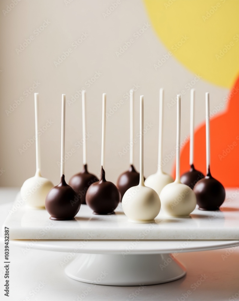 Delicious Chocolate and White Cake Pops on Display.