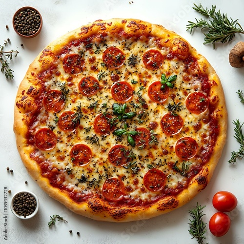  Pepperoni pizza with fresh herbs and melted cheese.